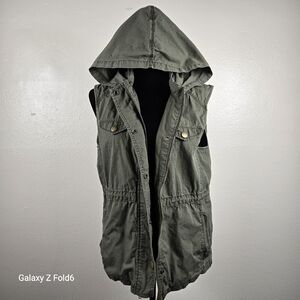 GAP Olive Green Utility Hooded Vest‎ 100% Cotton Zip Front Cargo Style L